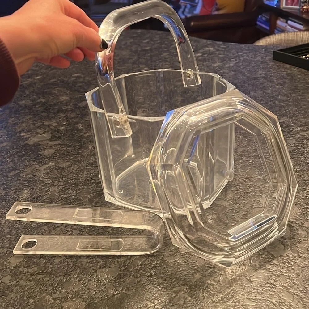 MCM Large Lucite Clear Crystal Ice Bucket With Handle Lid and Tongs